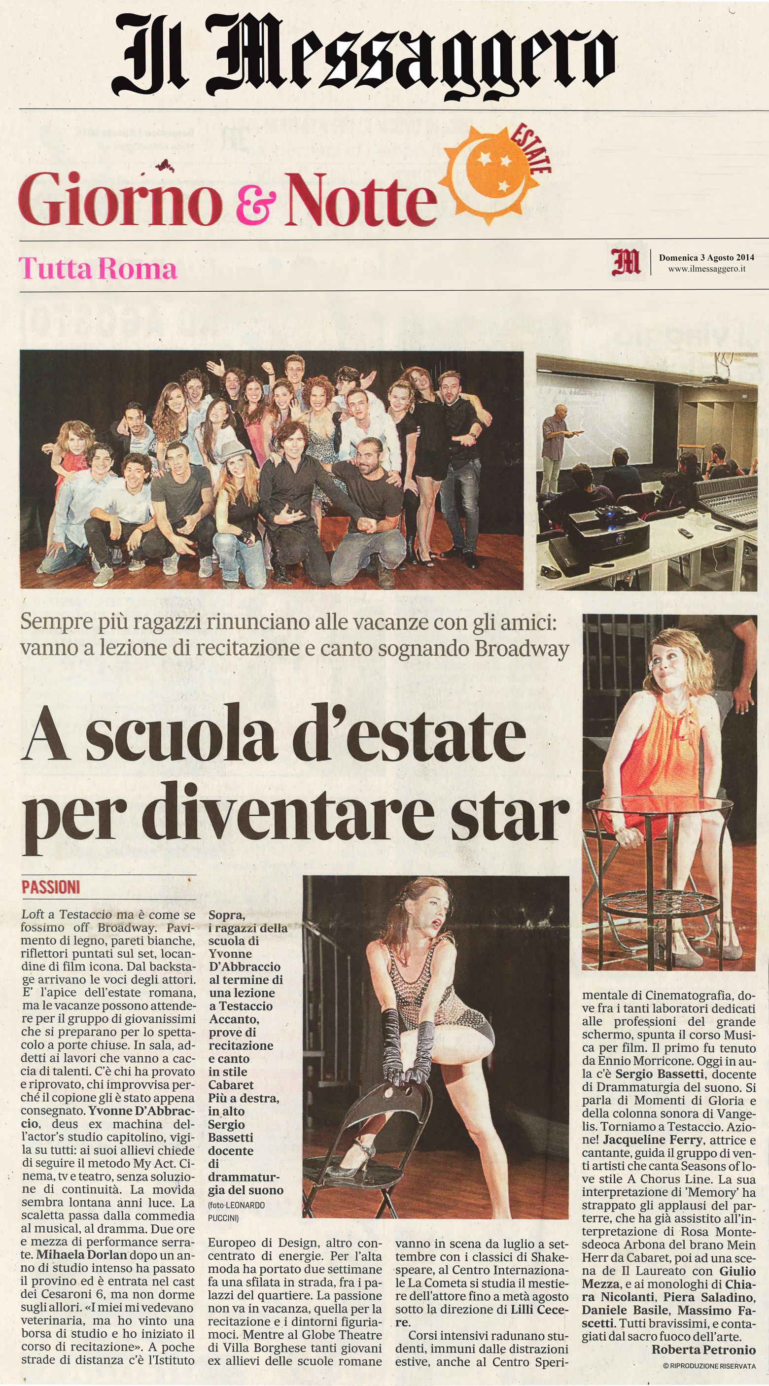 Yvonne D'Abbraccio Studio Scuola di recitazione Roma - Articolo Messaggero